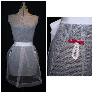 Vintage 50's White Tulle Sexy Hostess Half Apron Red Ribbon Detail Bridal Shower